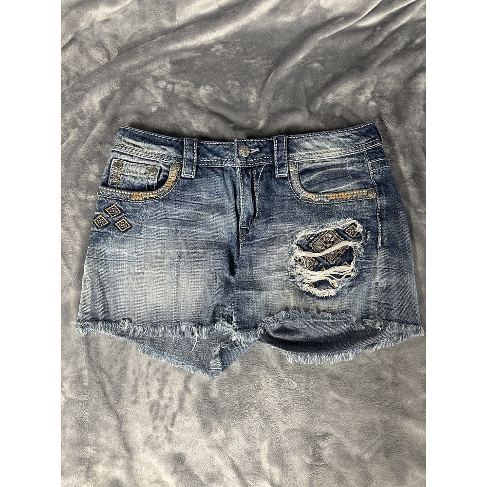 Miss Me Jean Shorts Size 27 Denim Embellished Boyfriend Frayed Raw Hem